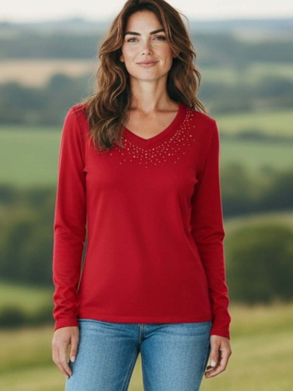 Faded Glory Gold/Silver Studs V-Neck Long Sleeve Cranberry Top Size M (8-10)